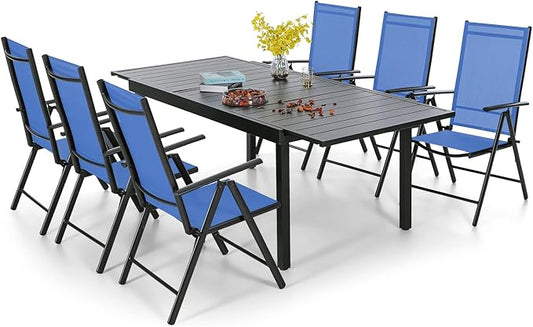 PHI VILLA 7 Piece Outdoor Patio Dining Set, Adjustable Folding Patio Chairs Reclining (Blue) with Extendable Metal Steel Dining Table for Outdoor, Garden, Lawn