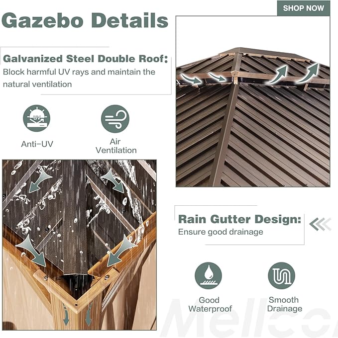 MELLCOM 12' x 14' Hardtop Gazebo, Wooden Finish Coated Aluminum Frame Gazebo with Galvanized Steel Double Roof, Outdoor Permanent Metal Pavilion with Curtains and Nettings for Patio, Lawn & Garden