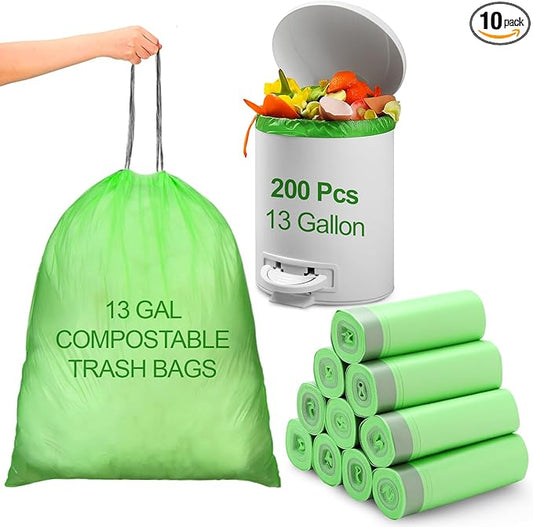 200 Count 13 Gallon Compostable Trash Bags with Drawstring Tall Kitchen Food Scrap Waste Bag Heavy Duty Extra Thick 1 Mil Tear Resistant for Lawn Yard Home Kitchen Office