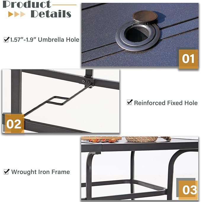 Patio Outdoor Table and Chairs Set with Umbrella Beige, Patio Dining Sets for 6, 7 Pieces Patio Table Set Clearance for Backyard Deck Porch Outside, Metal Table with Hole & Cushioned Rattan Chairs