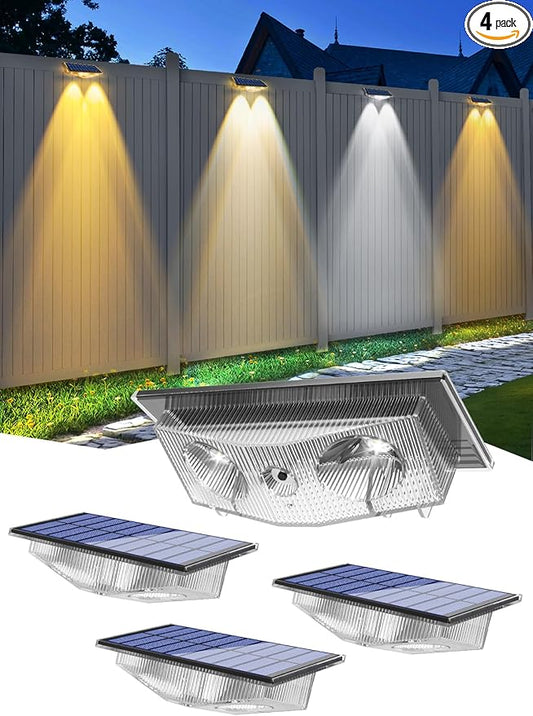 Solar Fence Lights Outdoor - 3000K/4000K/6000K 3 Color Modes, IP65 Waterproof Fence Lights Solar Powered Outdoor, Solar Powered Wall Light for Outside Porch Step Wall Stairs Patio Yard (4 Pack)