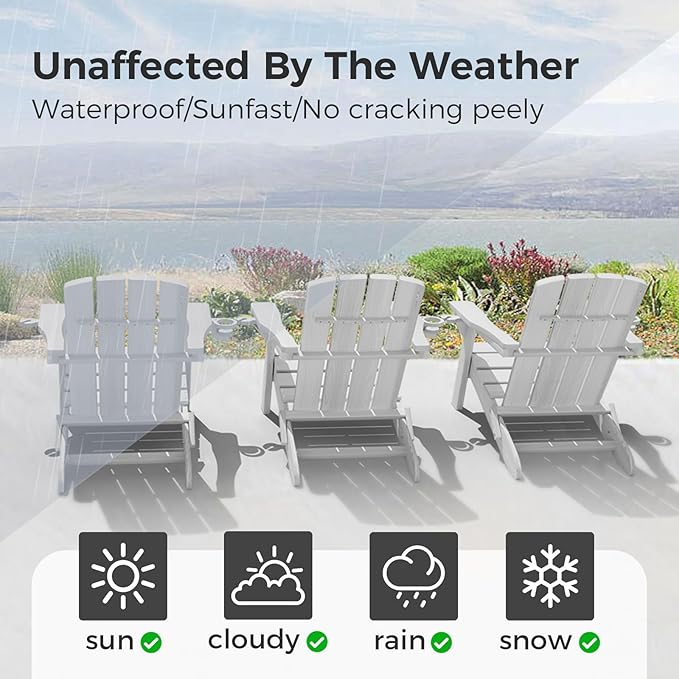 Folding Adirondack Chair Wood Texture 2 Pack, HDPE All-Weather Fire Pit Chairs, Plastic Adirondack Chairs with 2 Cup Holder, Outdoor Lawn Chair for Patio Garden (White)