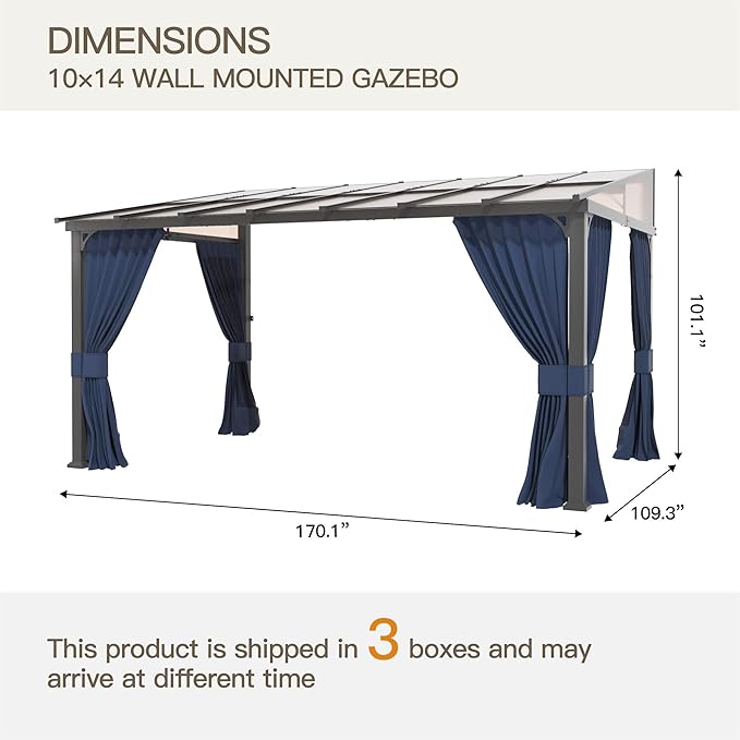 10’ x 14’ Gazebo for Patio,Wall Mounted Gazebo with Sloping Polycarbonate Roof,Aluminum Frame Outdoor pelgole w/Netting & Curtain for Garden,Deck,Backyard,NavyBlue