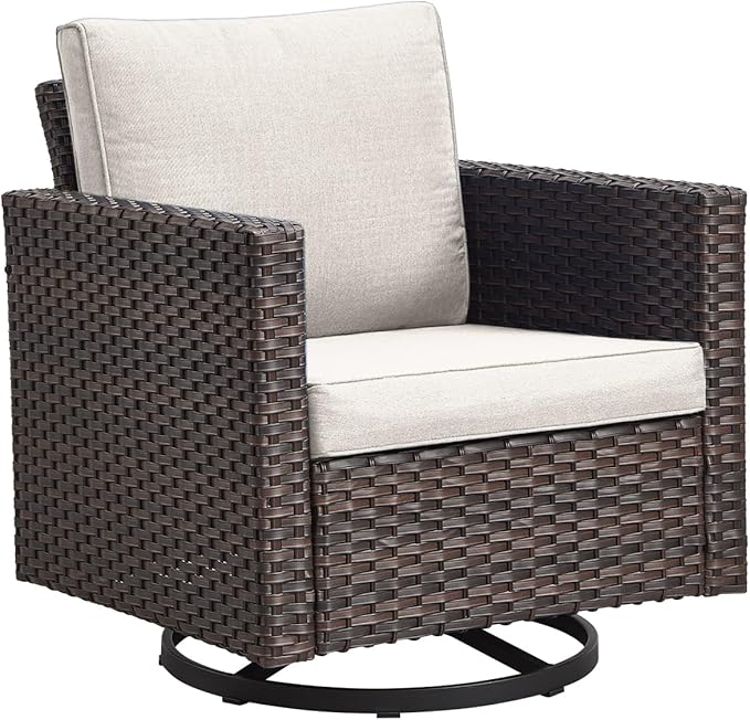 Outdoor Patio Swivel Rocker Chairs - Single Wicker Patio Swivel Rocking Chair with Waterproof Wicker,Comfortable Cushions and Sturdy Metal Frame for Outside Porch Deck Backyardd(Brown/Beige/1PC)