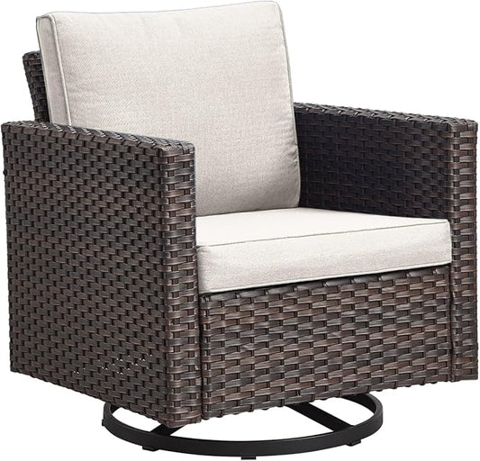Outdoor Patio Swivel Rocker Chairs - Single Wicker Patio Swivel Rocking Chair with Waterproof Wicker,Comfortable Cushions and Sturdy Metal Frame for Outside Porch Deck Backyardd(Brown/Beige/1PC)