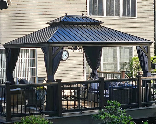 PURPLE LEAF 11' X 13' Outdoor Hardtop Gazebo Patio Wide Aluminum Frame Galvanized Steel Double Roof with Heavy Duty Netting and Curtains for Permanent Hard Top Pavilion Screen, Navy Blue