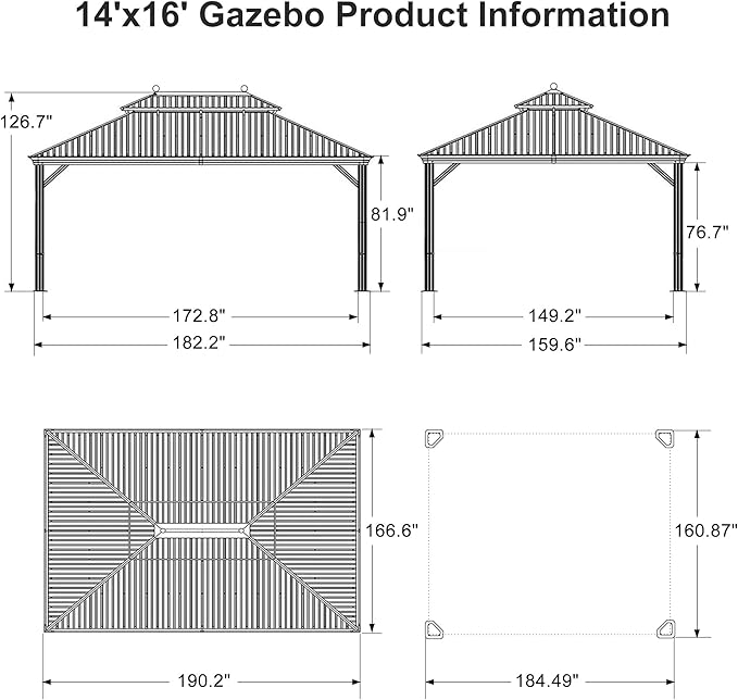 PURPLE LEAF 14' X 16' Outdoor Hardtop Gazebo Patio Wide Aluminum Frame Galvanized Steel Double Roof with Heavy Duty Netting and Curtains for Permanent Hard Top Pavilion Screen Khaki