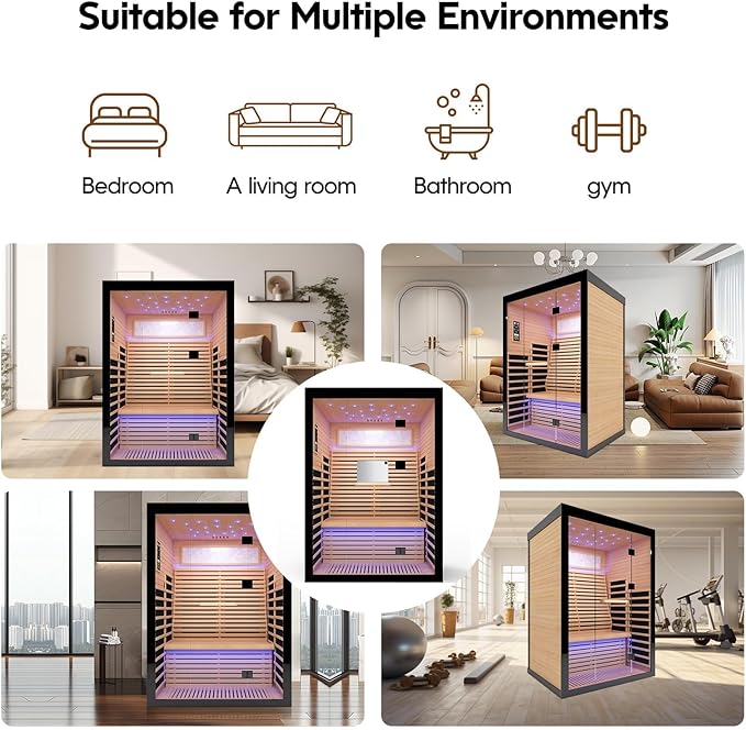 Far Infrared Home Sauna Room,2160W 7 Color Light Therapy Lamp Dry Saunas for Home,Infrared Sauna 2-3 Person,Canadian Hemlock Indoor Sauna Spa with Oxygen Bar,Starry Night Light Canopy