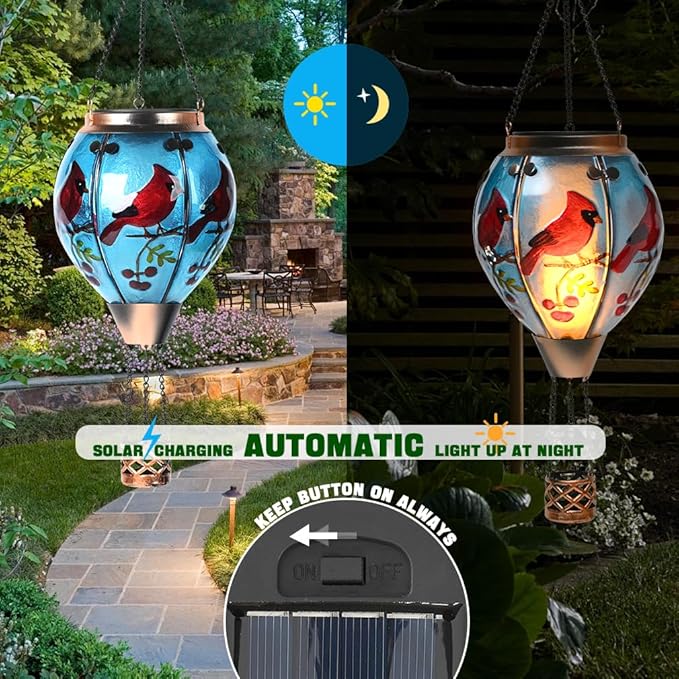 Hot Air Balloon Solar Lantern - Cardinal Bird Glass Lantern, Simulated Flickering & Dancing Flame, Outdoor Hanging Yard Light Waterproof IP65 for Patio Lawn Porch Decor Gift