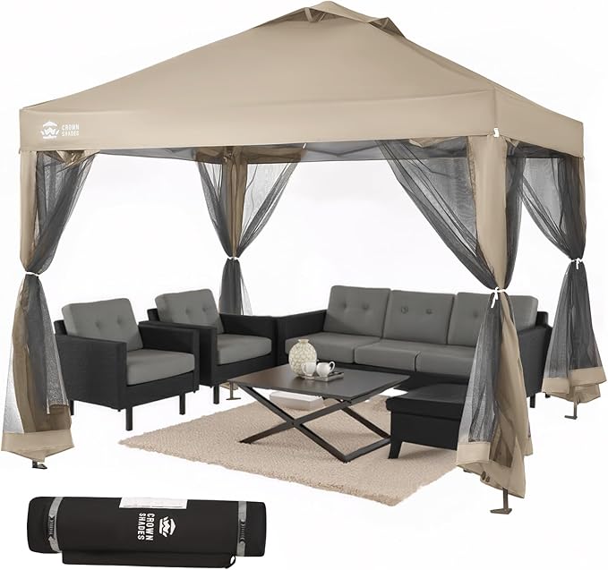 CROWN SHADES Gazebo 10x10 Pop Up Canopy with Mosquito Netting, Screen Tent with 4 Ropes, 8 Stakes, 4 Sandbags and Wheeled Storage Bag, Canopy for Patio & Backyard, Beige