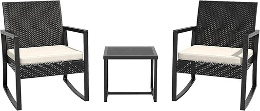3 Pieces Outdoor Patio Set -Wicker Rattan Chair Conversation Set with Glass Table for Poolside Yard Rocking Chair Set for Bistro Garden Front Porch All Weather Patio Furniture Set