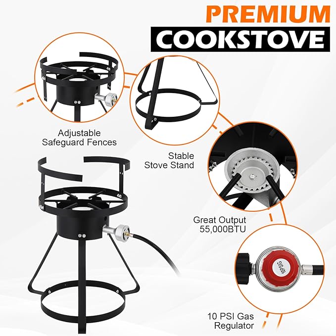 30 Qt. Aluminum Turkey Deep Fryer Pot with Injector Thermometer Kit and 54, 000 BTU Propane Stove Burner Stand for 20 Lbs Turkey, perfect for Outdoor Cooking and Frying
