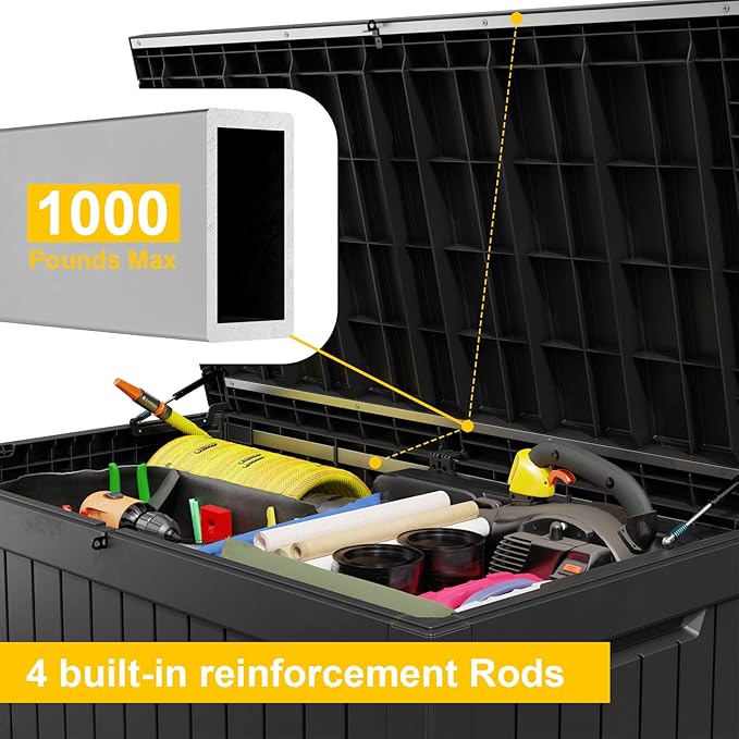 231 Gallon Waterproof Outdoor Storage Box,Large Resin Deck Box,Lockable Outside Storage Box Container for Patio Furniure,Garden,Pool Tools (231 Gallon,Black)