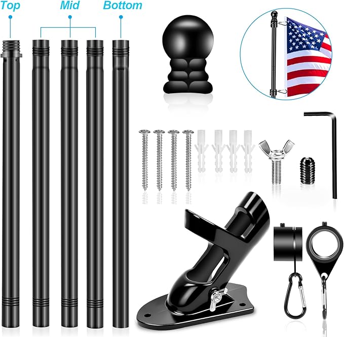 6 FT Flag Poles Kit for House with 2-Position Flagpole Bracket & 360° Rotating Flag Rings, 1 Inch Stainless Steel Spinning Flag Pole, Porch Wall Mounting Metal Flag Pole for 3x5 4x6 Flag (6 FT, Black)
