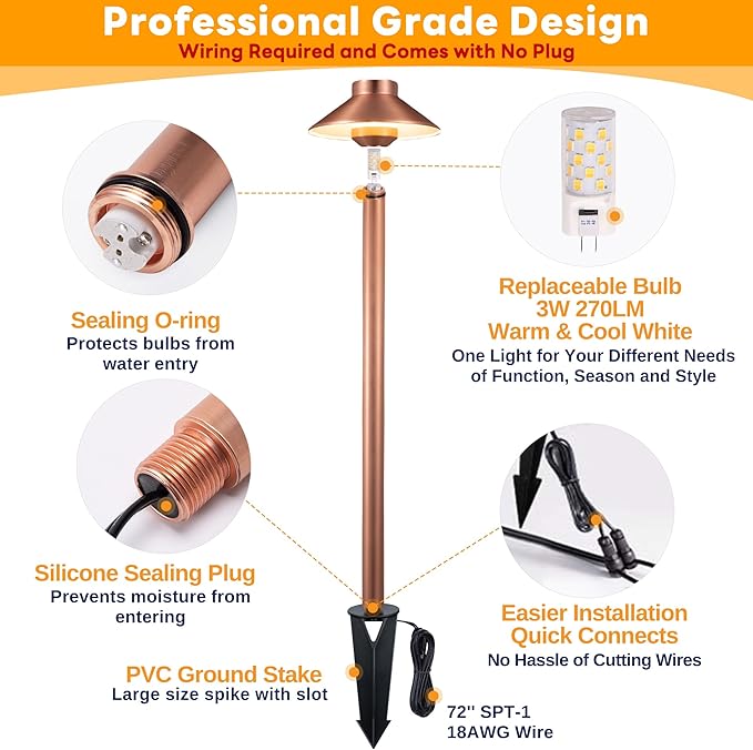 Gardenreet Low Voltage Landscape Lighting Brass, 2700K/3000K/4000K Adjustable 12v Pathway Lights Waterproof, Copper Path Light for Exterior Area Patio House with 3W 270LM G4 Bulb (6 Pack)