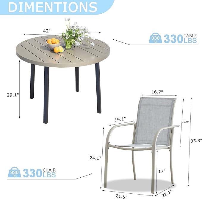 5 Pieces Round Dining Table Set for 4, Patio Dining Set Includes 4 Beige Blue Stackable Patio Chairs and 1 Honey Oak Round Table, Patio Furniture Sets with Sling Support for Outside, Garden