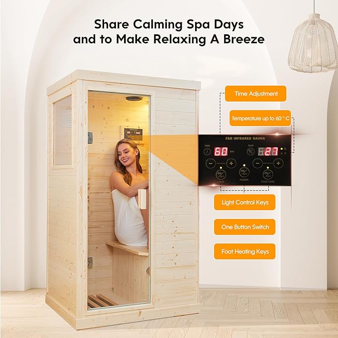 Far Infrared Sauna 1 Person Sauna Room Home Spruce Wood Indoor Saunas 900W/110V Low EMF Dry Sauna 5 Energy Saving Heating Panels, Built-in Control Panel, Speakers, Reading Lights and Circulation Vents