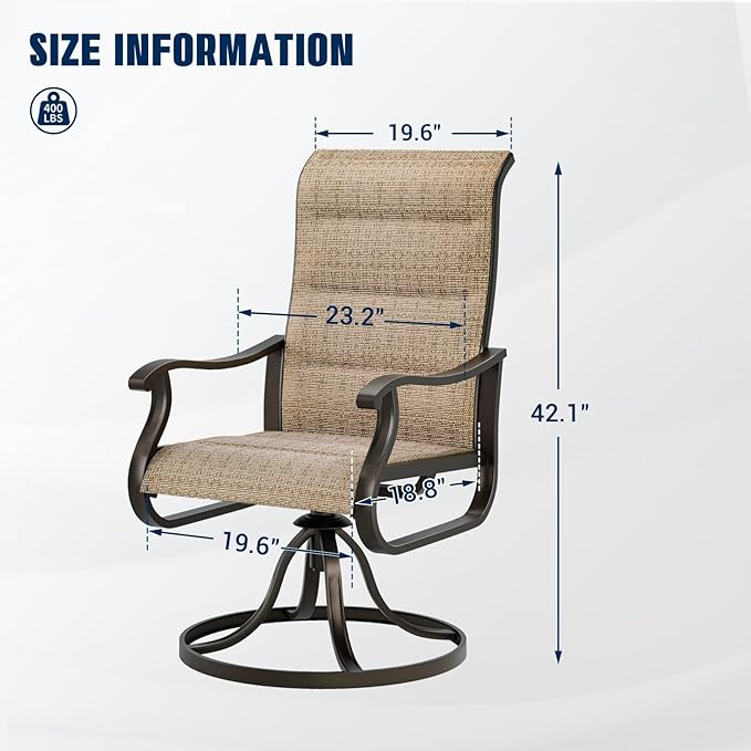 UDPATIO Patio Swivel Dining Chairs Set of 6, Outdoor Swivel Chairs High Back with All Weather Padded Textilene, Metal Rocking Frame for Lawn Garden, Brown