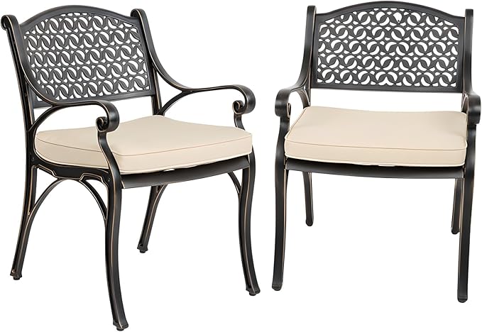 Kinger Home Harmon 2-Piece Cast Aluminum Outdoor Patio Chair, Patio Seating with Cushions, Chairs for Outside, Weather Resistant, Cushions Included