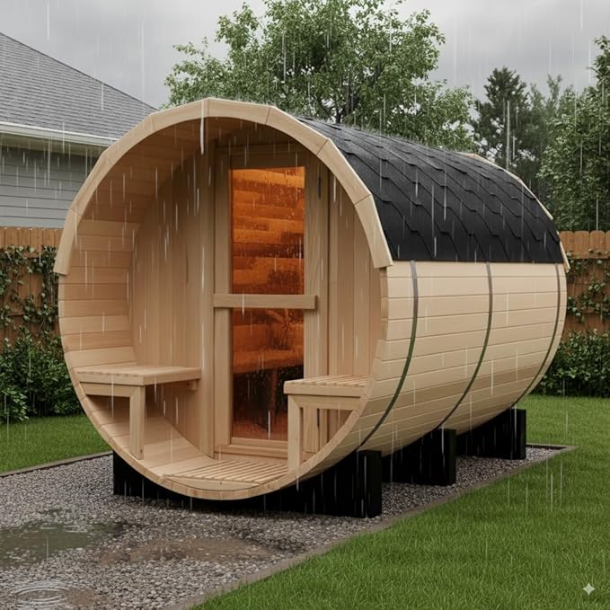 Outdoor Barrel Sauna, 6 Person Wood Steam Saunas Room with Porch, 6kw Toule Electric Heater with Sauna Stone, Canadian Pine, Roof, 94.48”*70.86“*70.86“ (Pine)