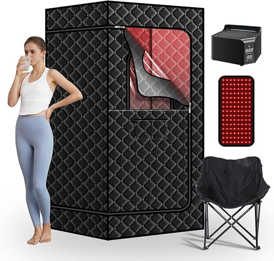 Upgraded Sauna Box with Red Light, Portable Dry Wind Saunas Tent for Relaxation, Full Size Indoor Home Spa Heated Body Therapy, Time & 185℉ Temperature Remote Control, Folding Chair