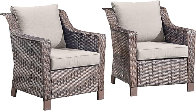 Outdoor Wicker Chair Set of 2-Outdoor Patio Chairs with Deep Seating Patio Dining Chairs for Deck Balcony Poolside Backyard-Brown/Beige