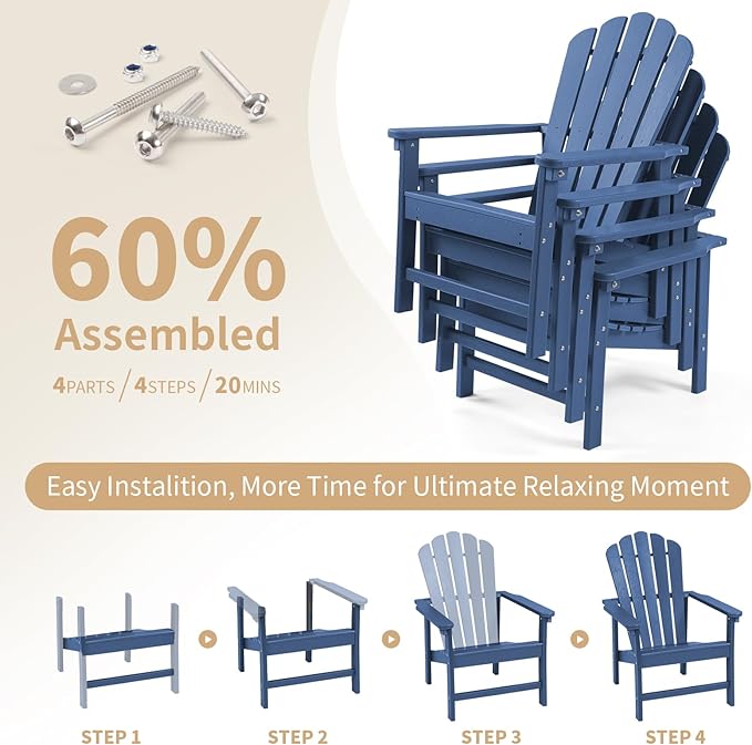 Stackable Adirondack Chairs Set of 4, Space Saving HDPE All-Weather Fire Pit Chair with Cover for Outdoor Lawn Porch Deck
