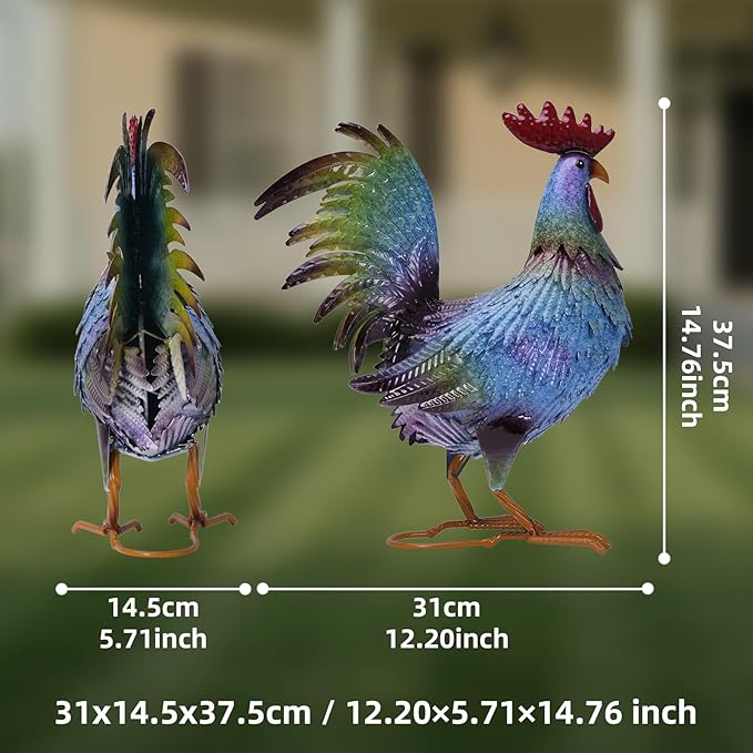 Metal Chicken Garden Sculptures & Statues,Vivid Lawn Ornaments for Garden Decorations Outdoor, Blue Rooster Gift for Housewarming,Home Decoration for Christmas Holiday