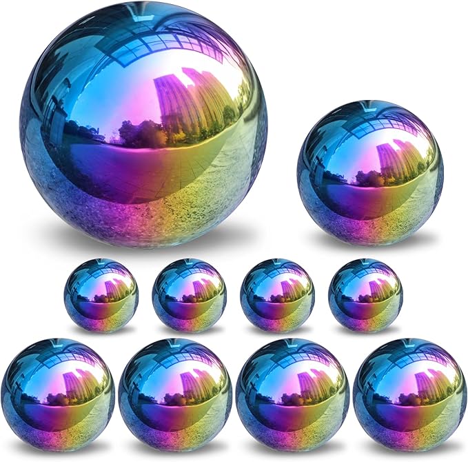 yarlung Set of 10 Stainless Steel Rainbow Gazing Balls, 50-150 mm Garden Mirror Globe Floating Pond Sphere, Polished Hollow Ball Reflective Ornament for Home Yard Outdoor Lawn Decoration