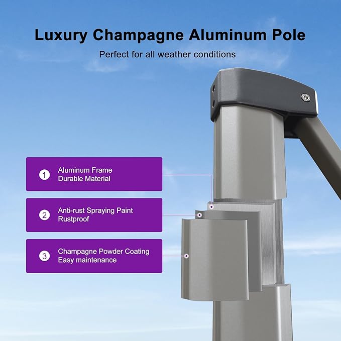 PURPLE LEAF 10' X 10' Patio Umbrella Outdoor Cantilever Umbrella, Aluminum Offset Umbrella with Champagne Frame and 360° Rotation for Pool Deck Garden, Navy Blue