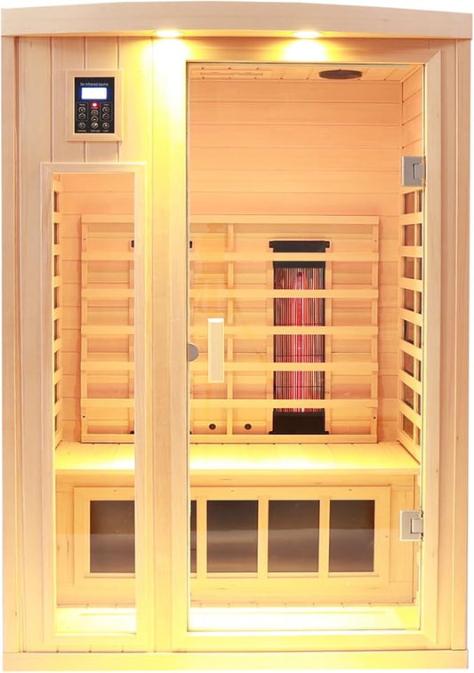 Ceramic Infrared Sauna 2 Person Far Infrared Sauna Hemlock Saunas Room for Home 2 in 1 Indoor Sauna with Low EMF Heaters + Ceramic Heating Cubes-Chromotherapy-Bluetooth Speaker