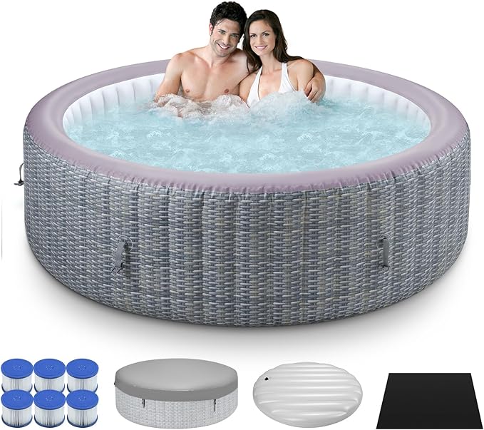 73" Inflatable Round Hot Tub for 2-6 Adults, Portable Outdoor Spa with 130 Air Jets, 1350W Heater, Rattan Look, Blow Up Bubble Tub for Patio, Deck, Backyard (Round Laminated PVC)