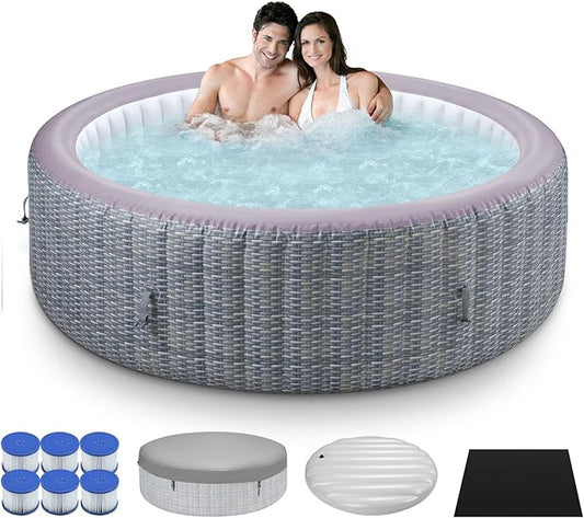 73" Inflatable Round Hot Tub for 2-6 Adults, Portable Outdoor Spa with 130 Air Jets, 1350W Heater, Rattan Look, Blow Up Bubble Tub for Patio, Deck, Backyard (Round Laminated PVC)