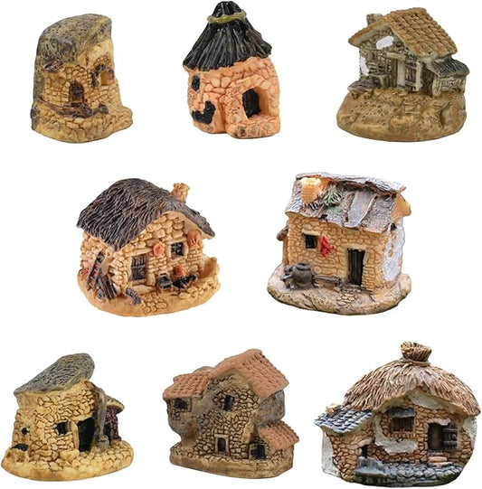 Mini House Figurine 8PCS, Mini Cottage Miniature Gardening Landscape Micro Village Stone Houses Fairy Garden Accessories for Home Decoration