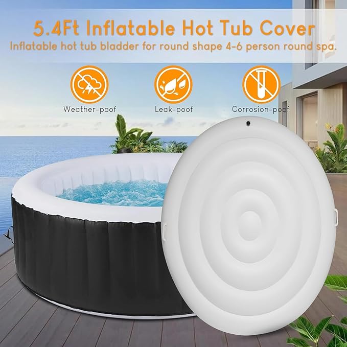 5.4Ft Inflatable Hot Tub Cover, Outdoor Portable Round Cover with Handle,Rainproof Dustproof Insulated Energy Saving Lid for Spa Hot Tubs, Foldable Spa
