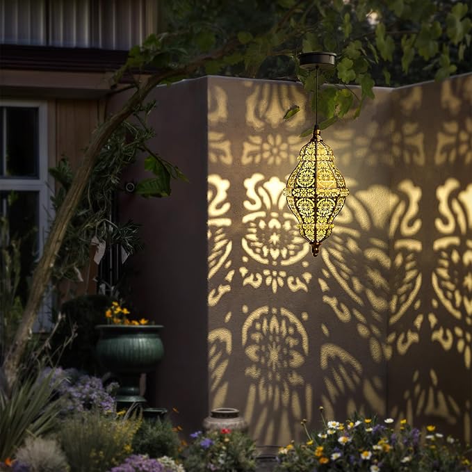 Twinkya 2 Pack Hanging Solar Lights Outdoor Garden Decor, Waterproof Plastic Moroccan Solar Powered Lantern Lamp, Outside Decorations for Patio Yard Porch Backyard Decor, Gardening Gifts for Women Mom