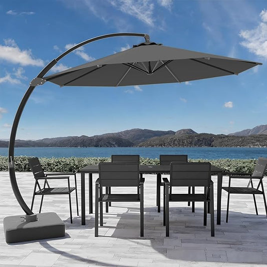 7-Piece Patio Dining Set with 11 FT Curvy Cantilever Umbrella, HDPE Tabletop & Aluminum Frame All-Weather Outdoor Furniture for Garden, Backyard, Poolside, Black