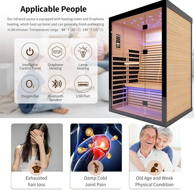 Sauna Infrared Far Infrared Sauna for Home 2 person Sauna with Hemlock Wood 2160W Dry Sauna for Home 2 Person Infrared Sauna Low EMF Indoor Sauna for Two Person in Home Sauna with Bluetooth Speakers