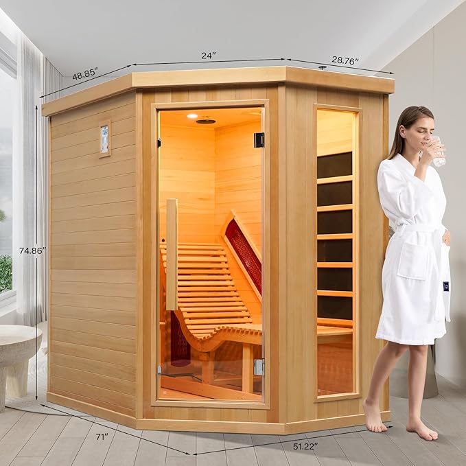 ZONEMEL 1 to 2 Person Infrared Sauna Room, Canadian Hemlock Wood Sauna with Recliner, Tempered Glass Door, 220V, 2300W, 4 Full Spectrum Heating Tubes, 4 Carbon Crystal Heating Panel, Oxygen Bar