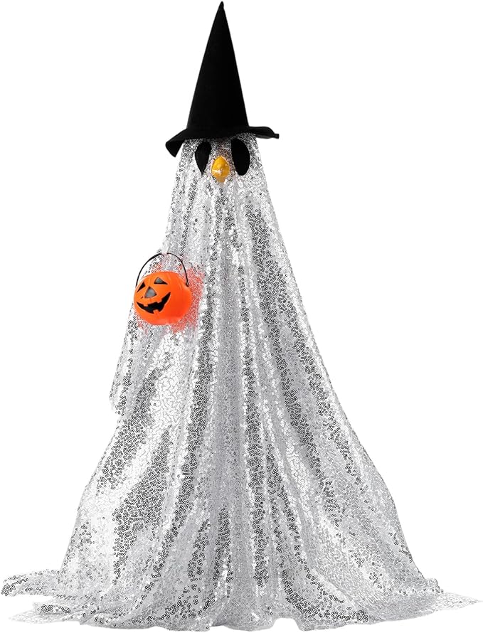 Halloween Porch Goose Outfit Ghost Lawn Goose Clothes with Pumpkin Bag for 23" Disco Plastic/Cement Outdoor Patio Yard Lawn Art Decoration(Silver,Sequins)