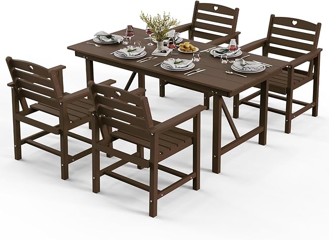 Patio Table and Chairs Set with Umbrella Hole, HDPE Patio Dining Set for 4, Outdoor Dining Set for Lawn, Patio, Porch, Deck, Poolside, Yard (Mahogany, 5-Piece)