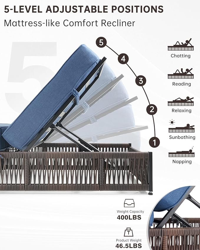 Luxury Outdoor Chaise Lounges with 5 Inch Thickened Cushions - Set of 4 High Back Brown Wicker Patio Recliners Rattan Reclining Chairs Porch Poolside Pool Sunbathing Lounger - Navy Blue