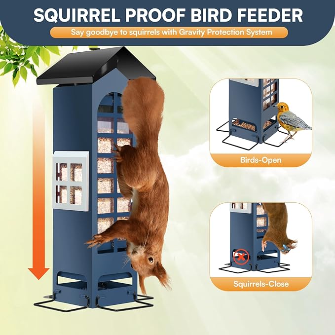 Squirrel Proof Bird Feeder,Mesh Metal Bird Feeders for Outdoors Hanging,2LB Large Capacity, Gravity Protection Squirrel Proof Wild Bird Feeders with Finch Cardinal Chickadee (Blue)
