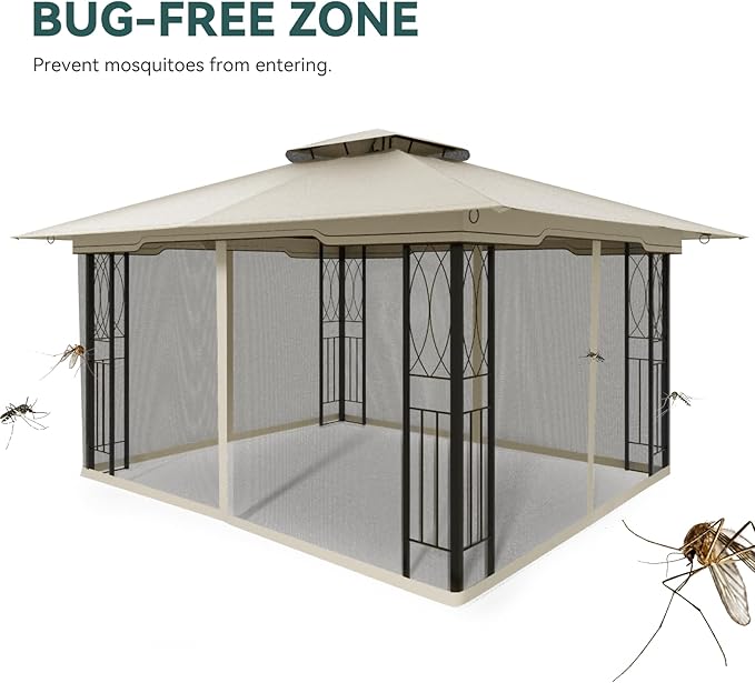 11x13 Outdoor Patio Gazebo with Mosquito Netting and Corner Frame Screen Wall, Double Roofs Metal Frame Party Canopy Tent Shelter for Backyard Garden Deck - Tan