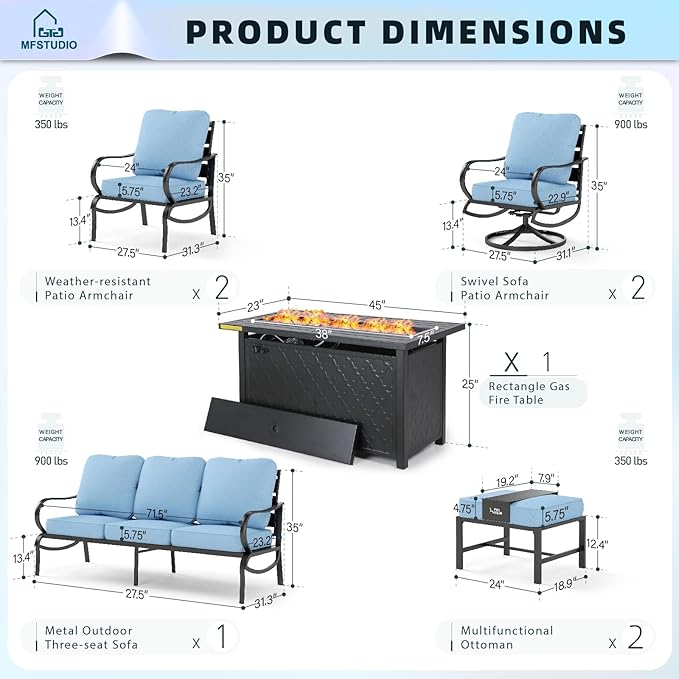 MFSTUDIO 8 Pieces Patio Furniture Sets with 45" Gas Fire Pit Table(Up to 9 Seat),Outdoor Metal Conversation Sofas with 1 x 3-Seat Sofa, 2 Single Chairs,2 Swivel Chairs and 2 Ottoman,Blue Cushion