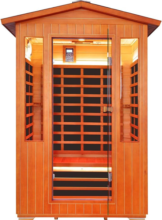 Outdoor Sauna 2 Person Sauna Infrared Saunas Dry Sauna Room 2080W/110V Low EMF Red Cedar and Canadian Fir Board Wood Sauna, Oxygen Bar, Speaker, LED Control Panel, Beauty Light - 48.8*38.2*81.9 IN
