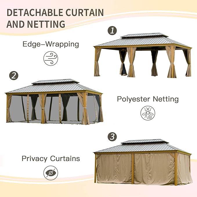 Domi 12' X 18' Hardtop Gazebo Outdoor Metal Gazebo with Galvanized Steel Double Roof Canopy, Wood Grain Aluminum Frame, Curtains and Netting for Patio, Deck, Garden
