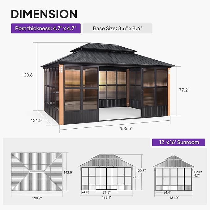PURPLE LEAF 12' X 16' Sunroom Patio Hardtop Gazebo Double Top Galvanized Steel Screen House Aluminum Sun Room Outdoor Solarium for Garden Backyard and 24 Solar String Light