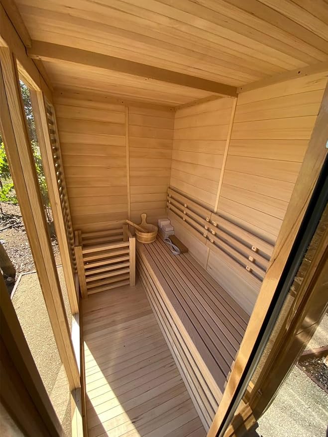 Outdoor Corner Steam Sauna, Canadian Hemlock Saunas 3-4 Person, 6KW ETL Toule Heater, 220V,Broad Bench, Glass Wall Sauna, Waterproof System, Asphalt Shingles,Right Door(0-195℉)