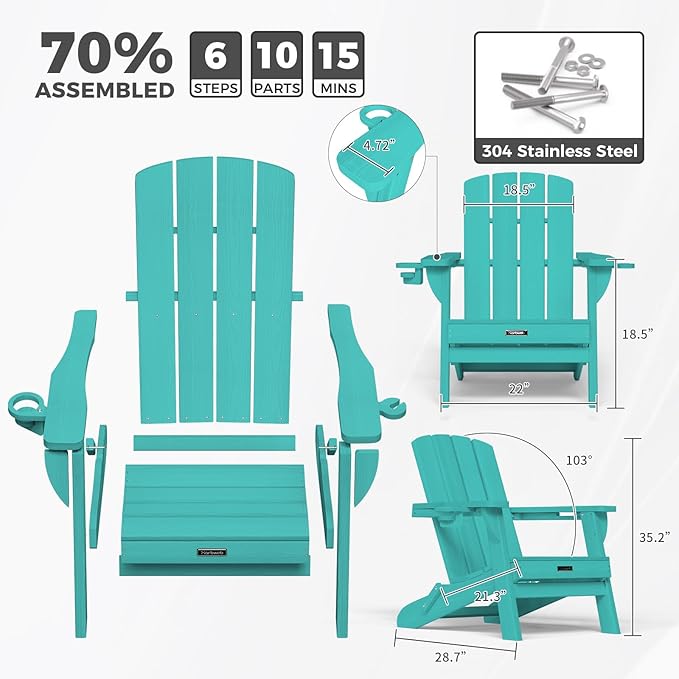 Folding Adirondack Chair Wood Texture 4 Pack, HDPE All-Weather Fire Pit Chairs, Plastic Adirondack Chairs with 2 Cup Holder, Outdoor Lawn Chair for Patio Garden (Lake Blue)